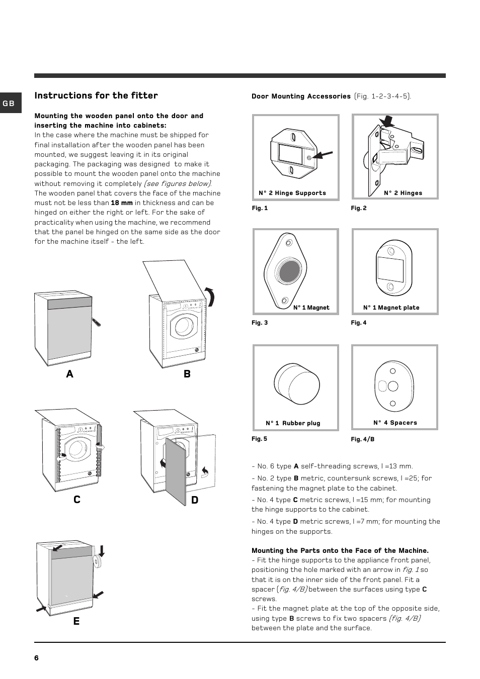 Ab c d e, Instructions for the fitter | Hotpoint BHWM129 User Manual | Page 6 / 20