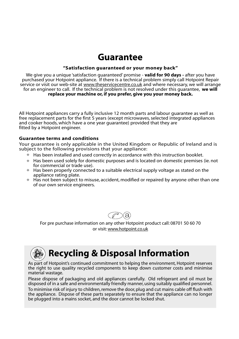 Recycling & disposal information, Guarantee | Hotpoint RC52P User Manual | Page 12 / 16