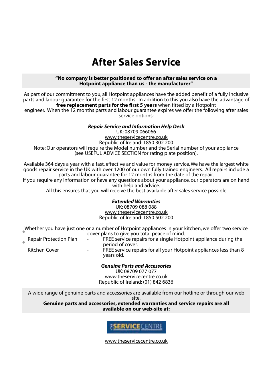 After sales service | Hotpoint RC52P User Manual | Page 13 / 16