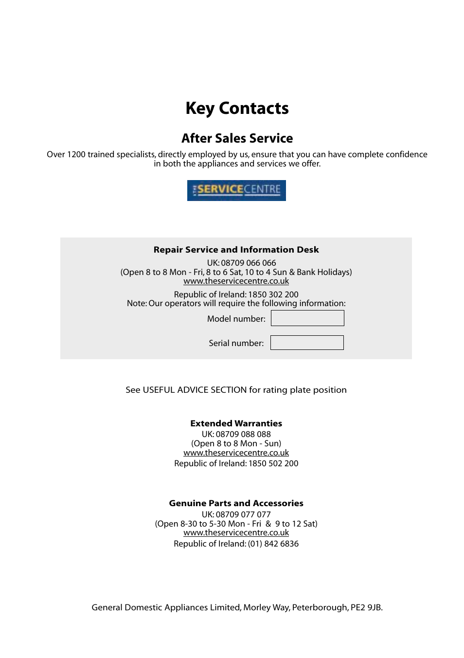 Key contacts, After sales service | Hotpoint RC52P User Manual | Page 16 / 16