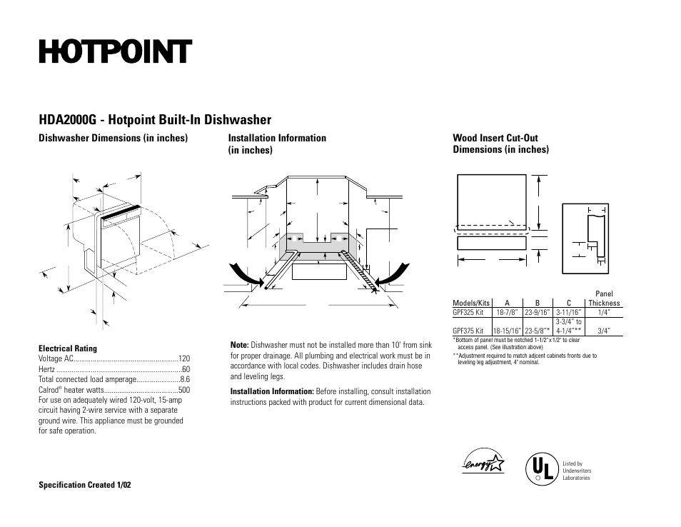 Hotpoint HDA2000GCC User Manual | 2 pages