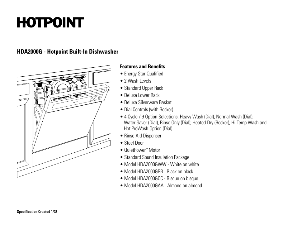 Hda2000g - hotpoint built-in dishwasher | Hotpoint HDA2000GCC User Manual | Page 2 / 2