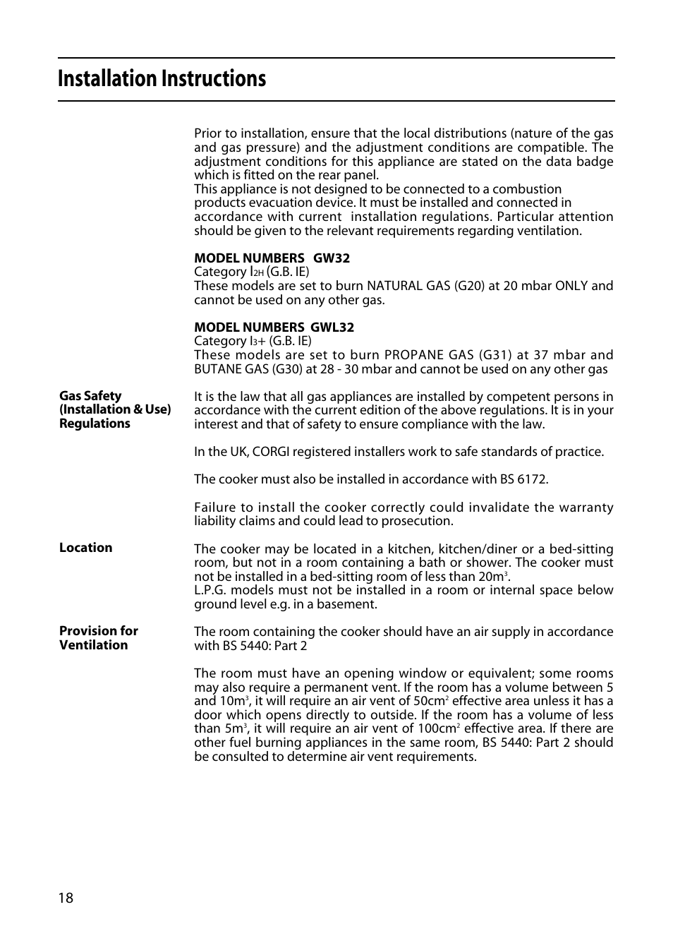 Installation instructions | Hotpoint GW32 User Manual | Page 18 / 24