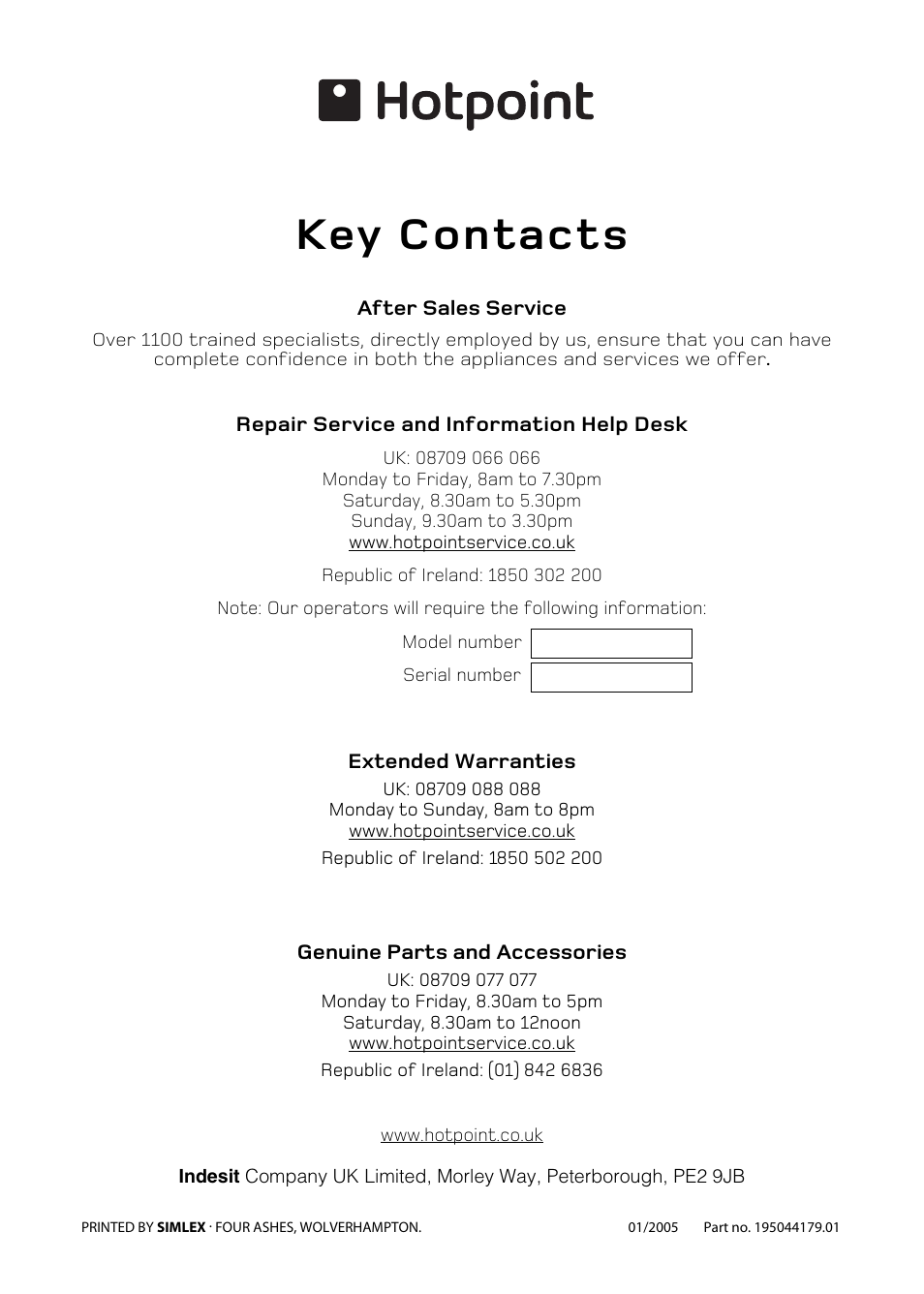 Key contacts | Hotpoint GW32 User Manual | Page 24 / 24