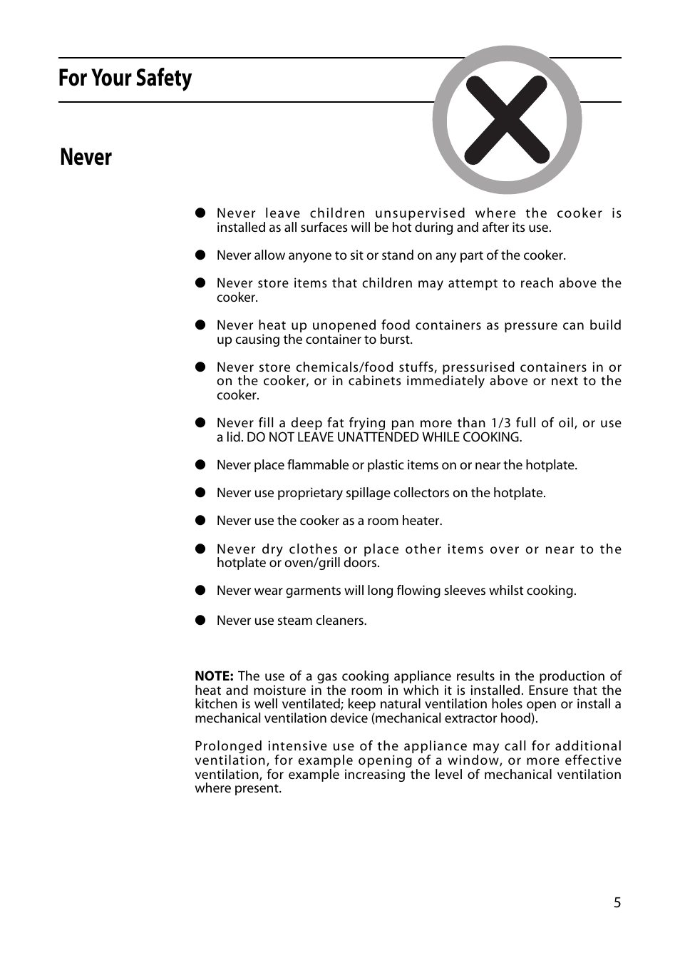 For your safety, Never | Hotpoint GW32 User Manual | Page 5 / 24