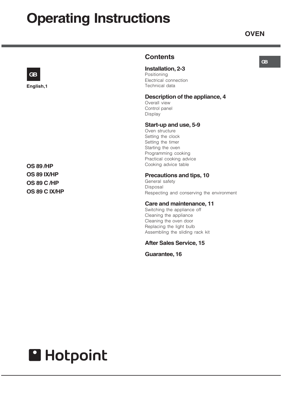 Hotpoint OS89CIX User Manual | 16 pages