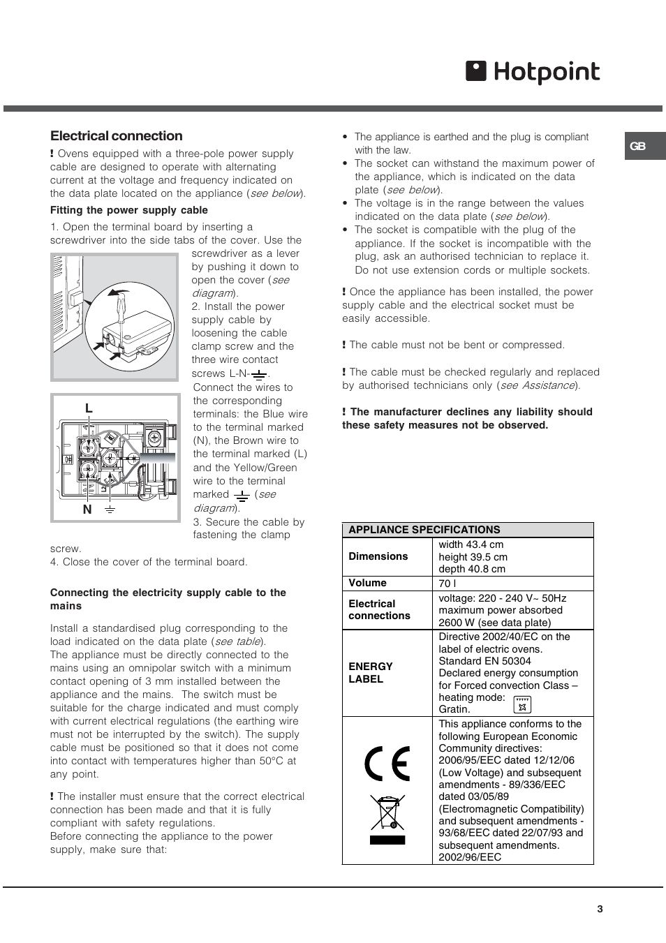 Electrical connection | Hotpoint OS89CIX User Manual | Page 3 / 16