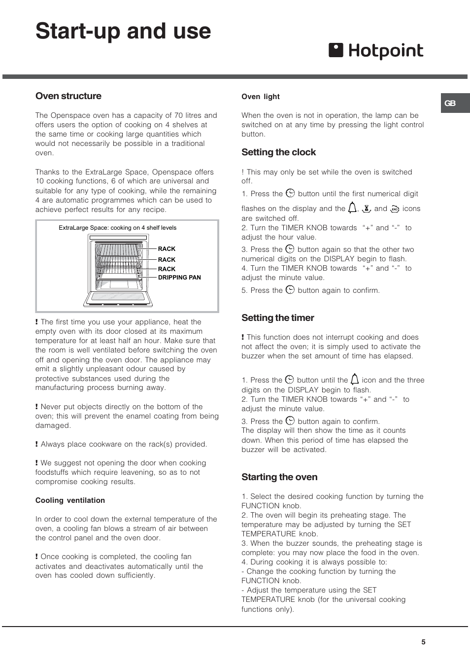Start-up and use, Oven structure, Setting the clock | Setting the timer, Starting the oven | Hotpoint OS89CIX User Manual | Page 5 / 16