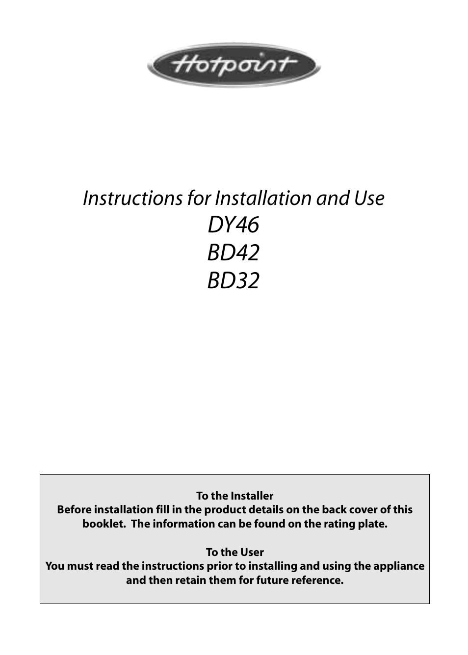 Hotpoint BD32 User Manual | 40 pages