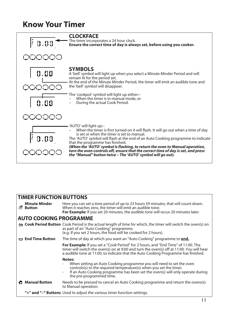 Know your timer, Clockface, Symbols | Timer function buttons auto cooking programme | Hotpoint BD32 User Manual | Page 11 / 40