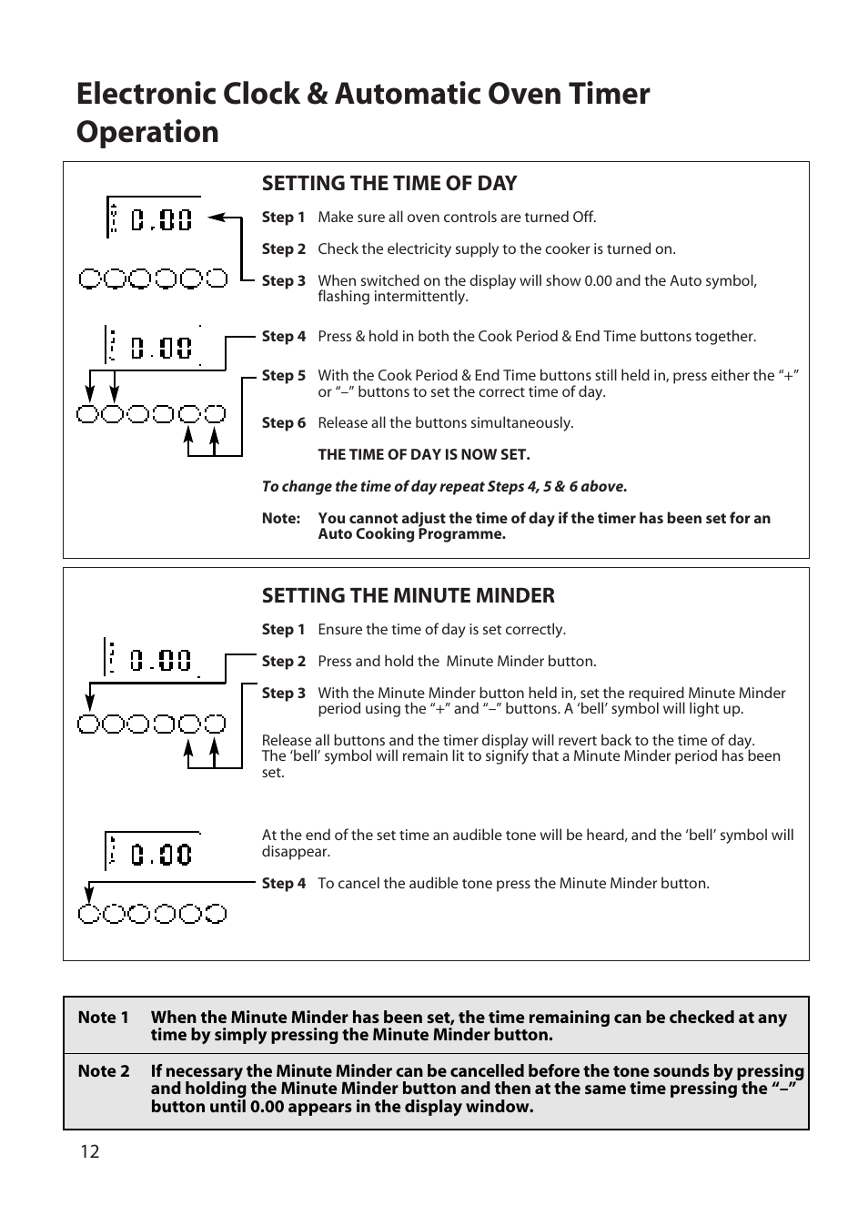 Electronic clock & automatic oven timer operation, Setting the time of day, Setting the minute minder | Hotpoint BD32 User Manual | Page 12 / 40