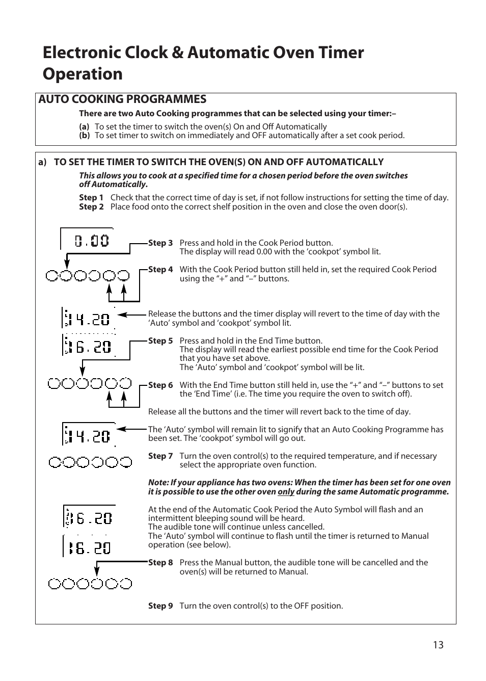 Electronic clock & automatic oven timer operation, Auto cooking programmes | Hotpoint BD32 User Manual | Page 13 / 40