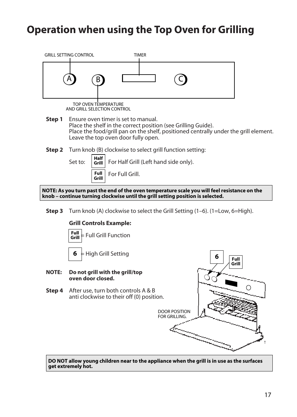 Operation when using the top oven for grilling, Ab c | Hotpoint BD32 User Manual | Page 17 / 40