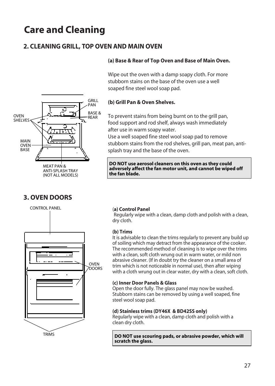 Care and cleaning, Cleaning grill, top oven and main oven, Oven doors | Hotpoint BD32 User Manual | Page 27 / 40