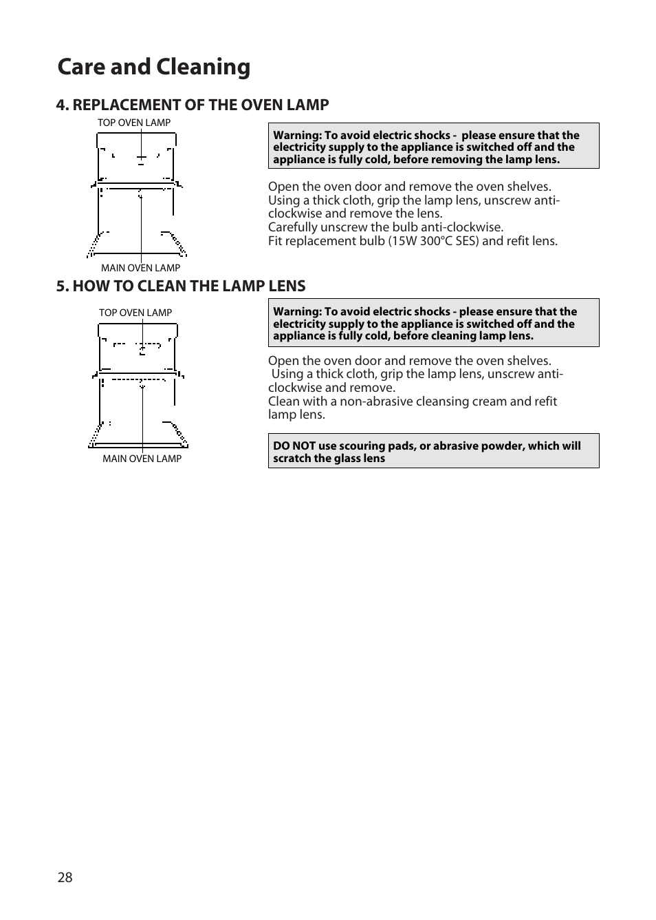Care and cleaning, Replacement of the oven lamp, How to clean the lamp lens | Hotpoint BD32 User Manual | Page 28 / 40