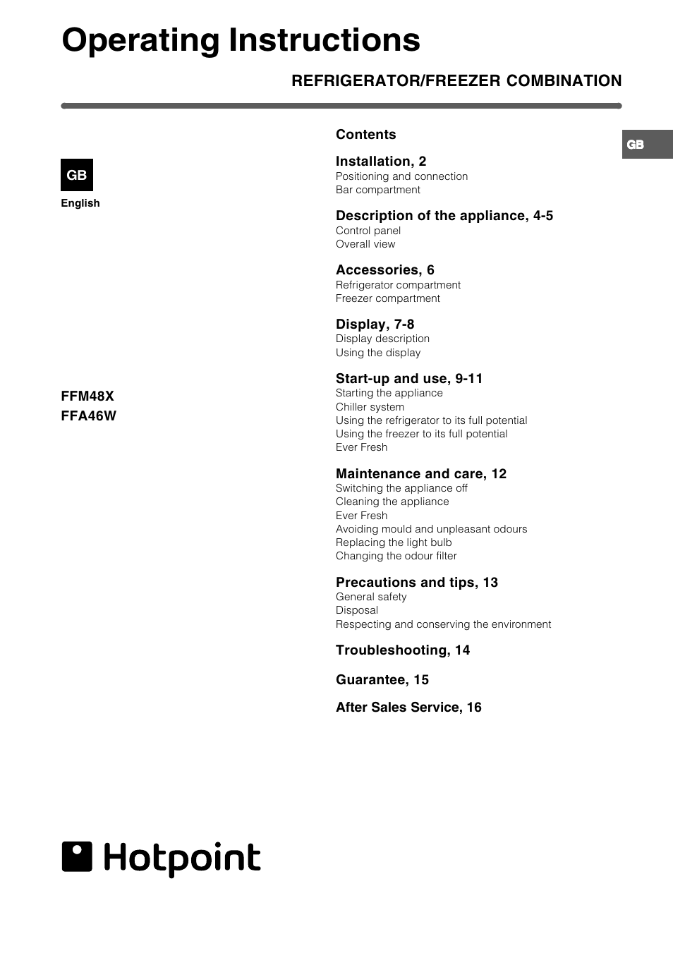 Hotpoint FFA46W User Manual | 16 pages