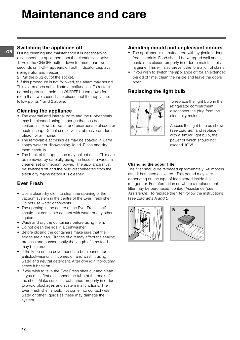 Maintenance and care | Hotpoint FFA46W User Manual | Page 12 / 16