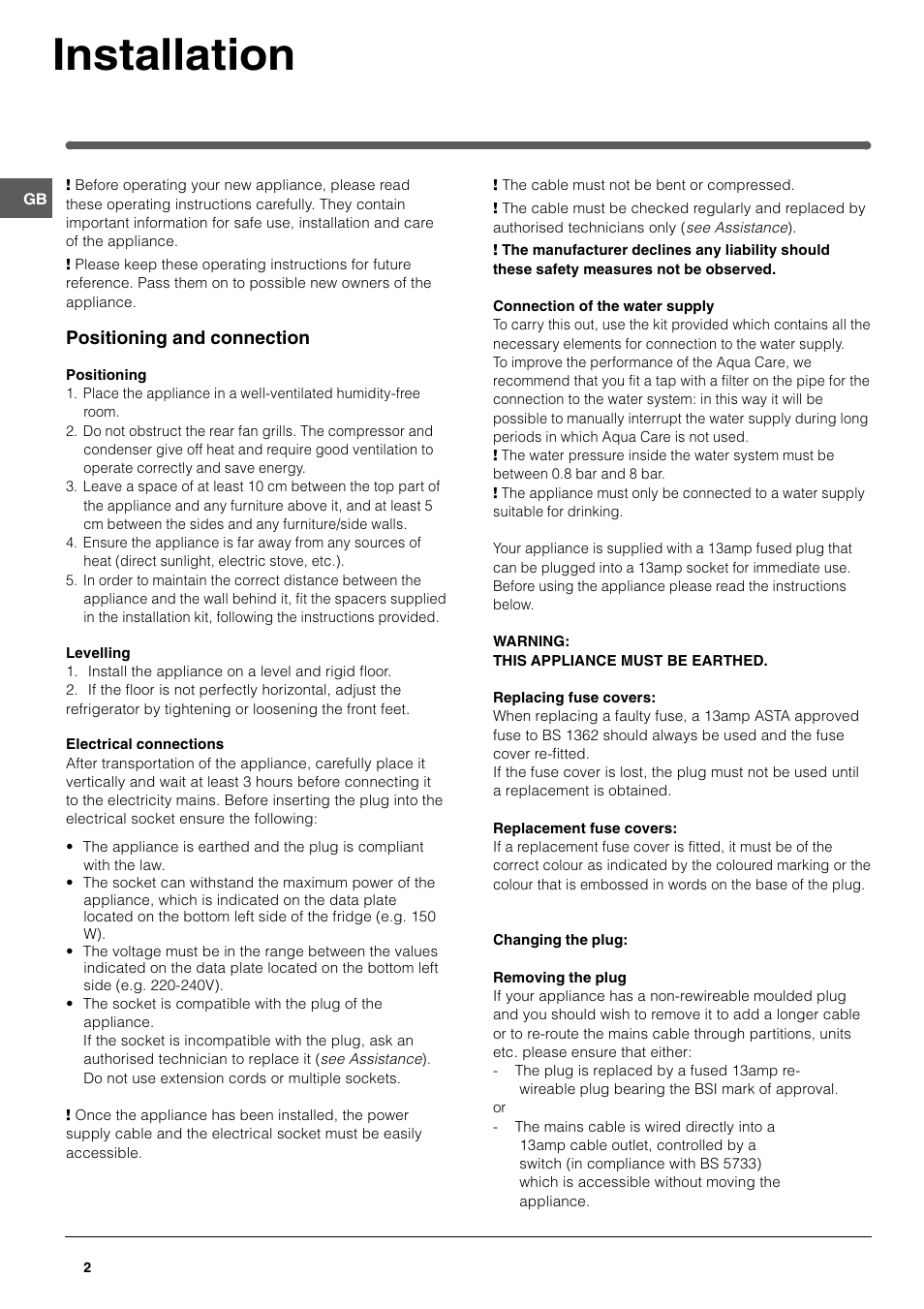 Installation | Hotpoint FFA46W User Manual | Page 2 / 16