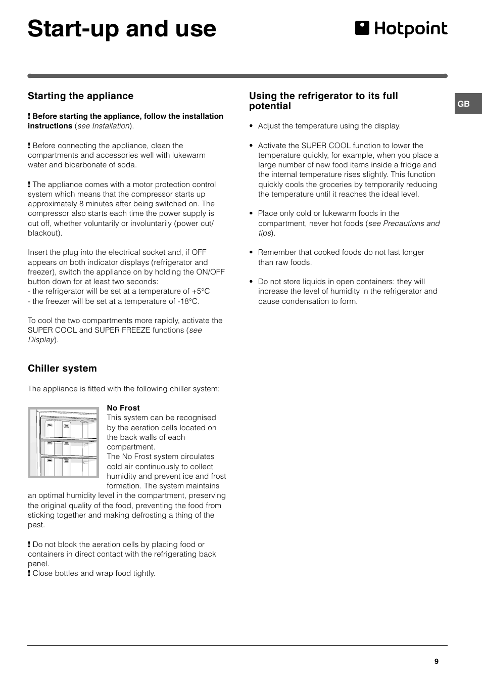 Start-up and use | Hotpoint FFA46W User Manual | Page 9 / 16