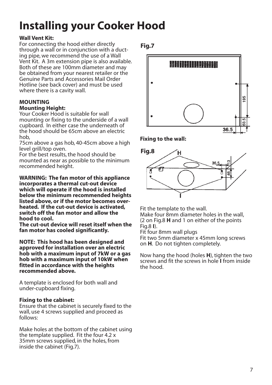 Installing your cooker hood | Hotpoint HTV10 User Manual | Page 7 / 12