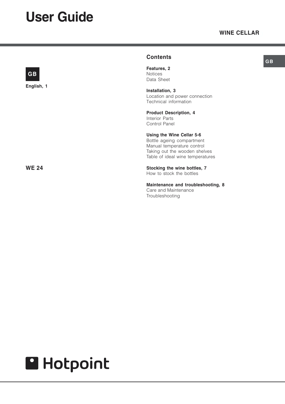 Hotpoint Wine Cellar WE24 User Manual | 8 pages