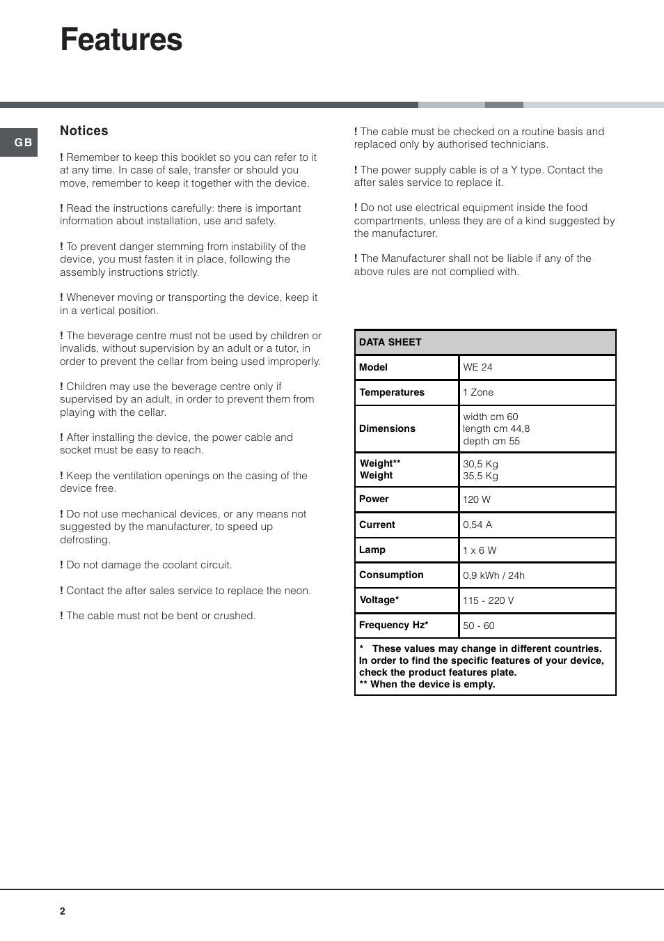 Features, Notices | Hotpoint Wine Cellar WE24 User Manual | Page 2 / 8