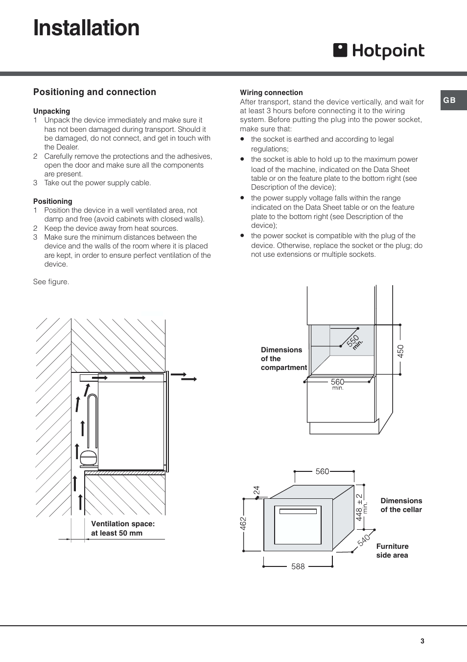 Installation | Hotpoint Wine Cellar WE24 User Manual | Page 3 / 8
