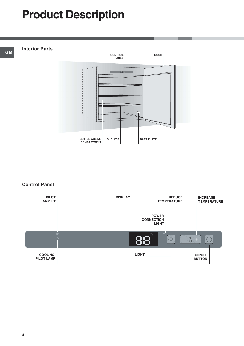 Product description, Interior parts control panel | Hotpoint Wine Cellar WE24 User Manual | Page 4 / 8