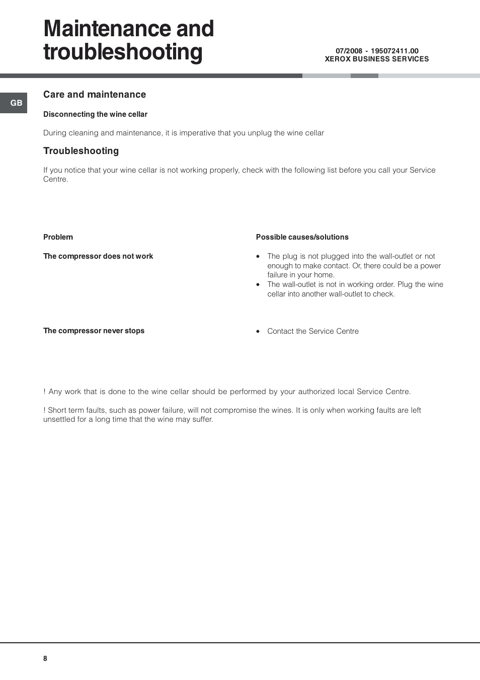 Maintenance and troubleshooting | Hotpoint Wine Cellar WE24 User Manual | Page 8 / 8