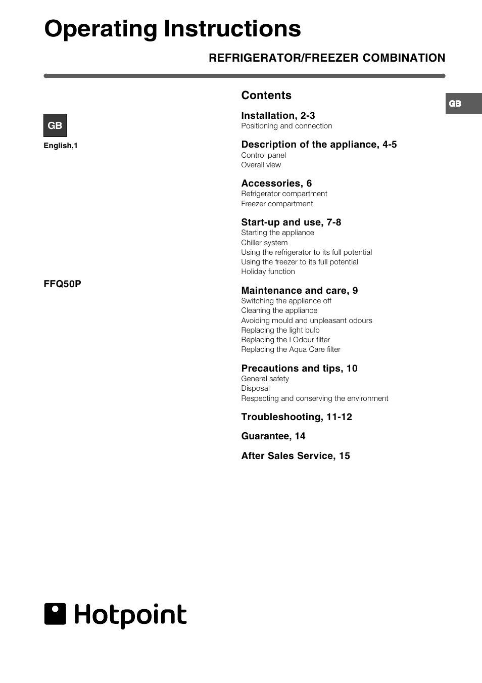 Hotpoint FFQ50P User Manual | 16 pages