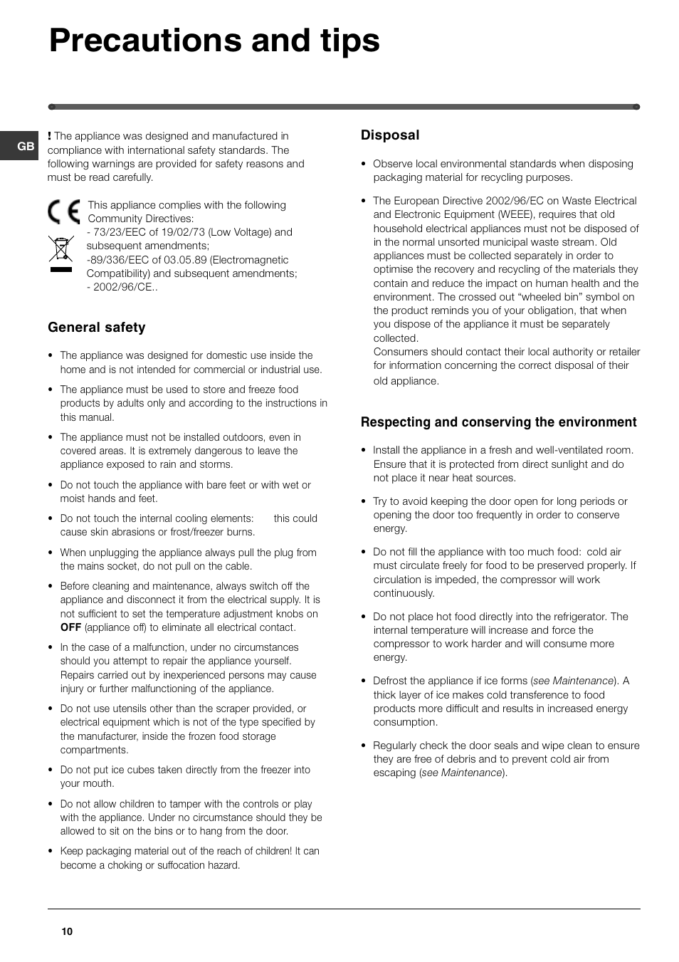 Precautions and tips, General safety, Disposal | Respecting and conserving the environment | Hotpoint FFQ50P User Manual | Page 10 / 16