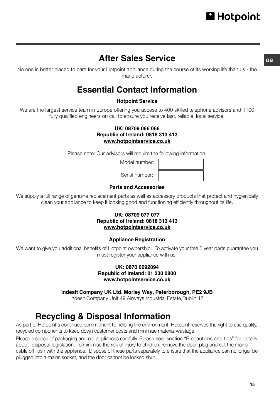 After sales service, Essential contact information, Recycling & disposal information | Hotpoint FFQ50P User Manual | Page 15 / 16