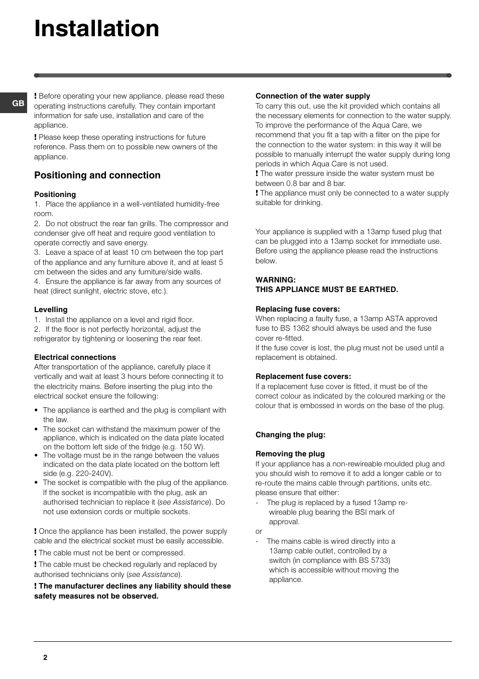 Installation, Positioning and connection | Hotpoint FFQ50P User Manual | Page 2 / 16