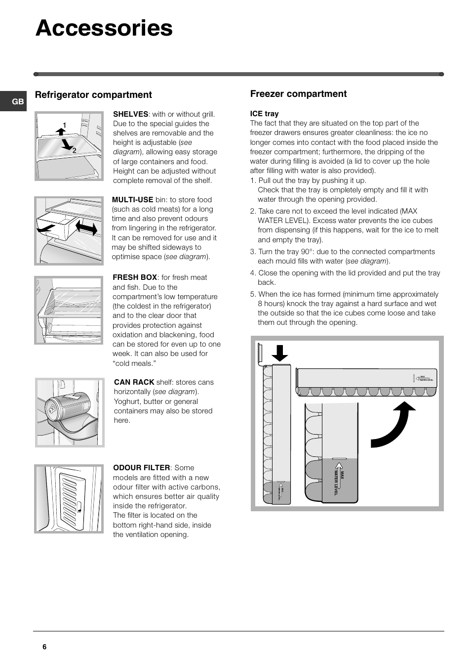 Accessories, Refrigerator compartment, Freezer compartment | Hotpoint FFQ50P User Manual | Page 6 / 16