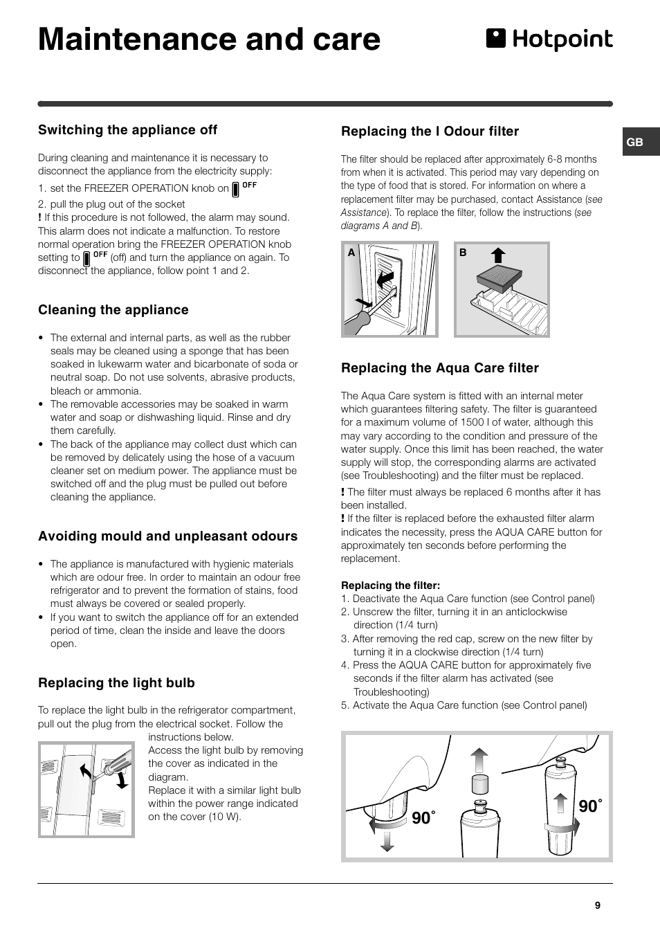 Maintenance and care | Hotpoint FFQ50P User Manual | Page 9 / 16