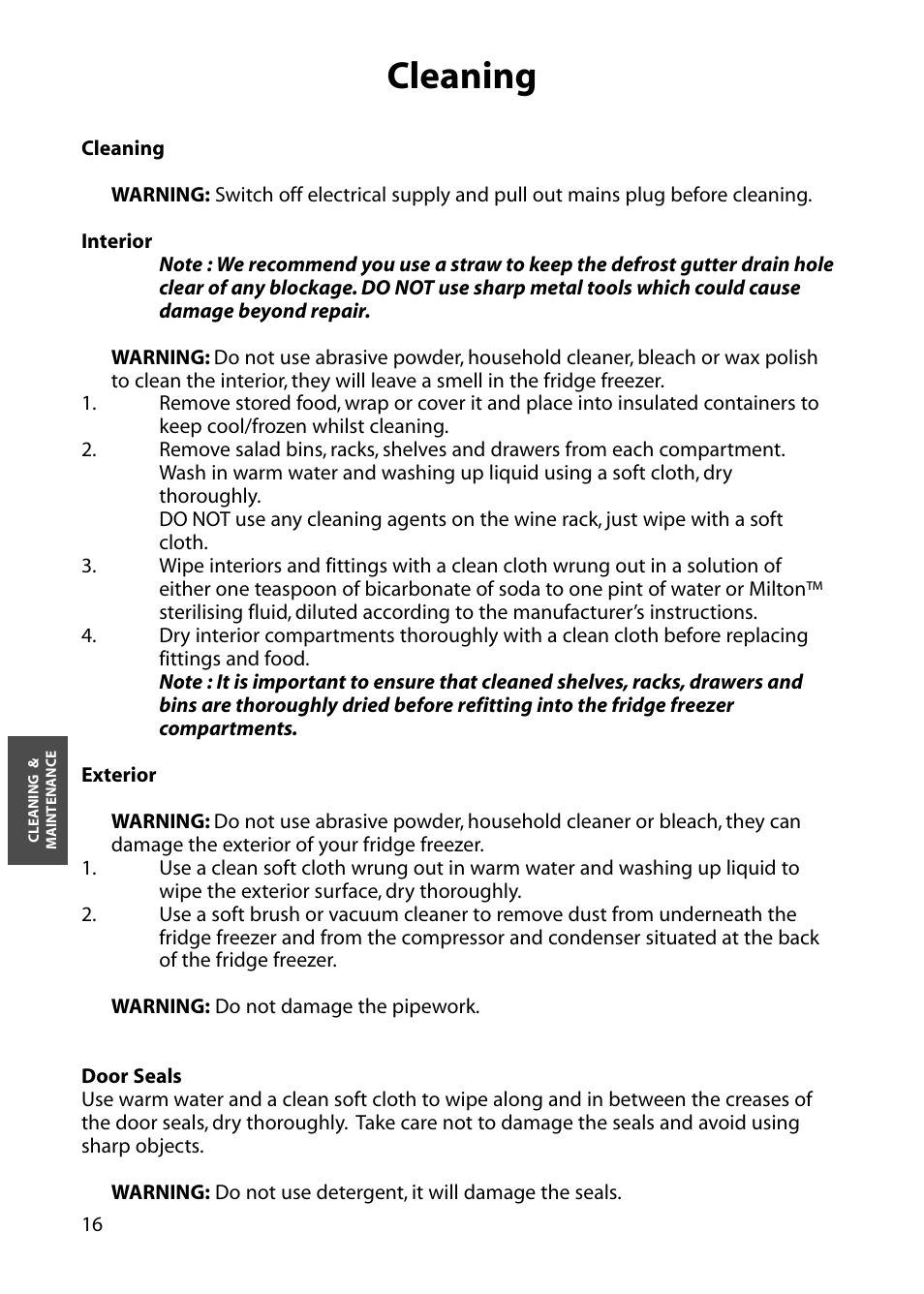 Cleaning | Hotpoint RFM18 User Manual | Page 16 / 24