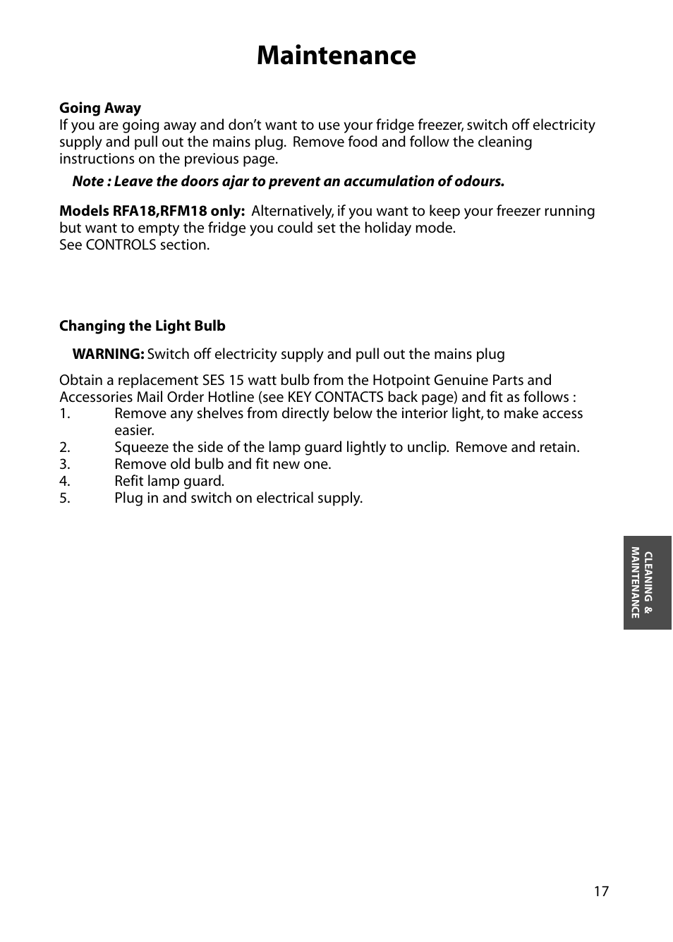 Maintenance | Hotpoint RFM18 User Manual | Page 17 / 24