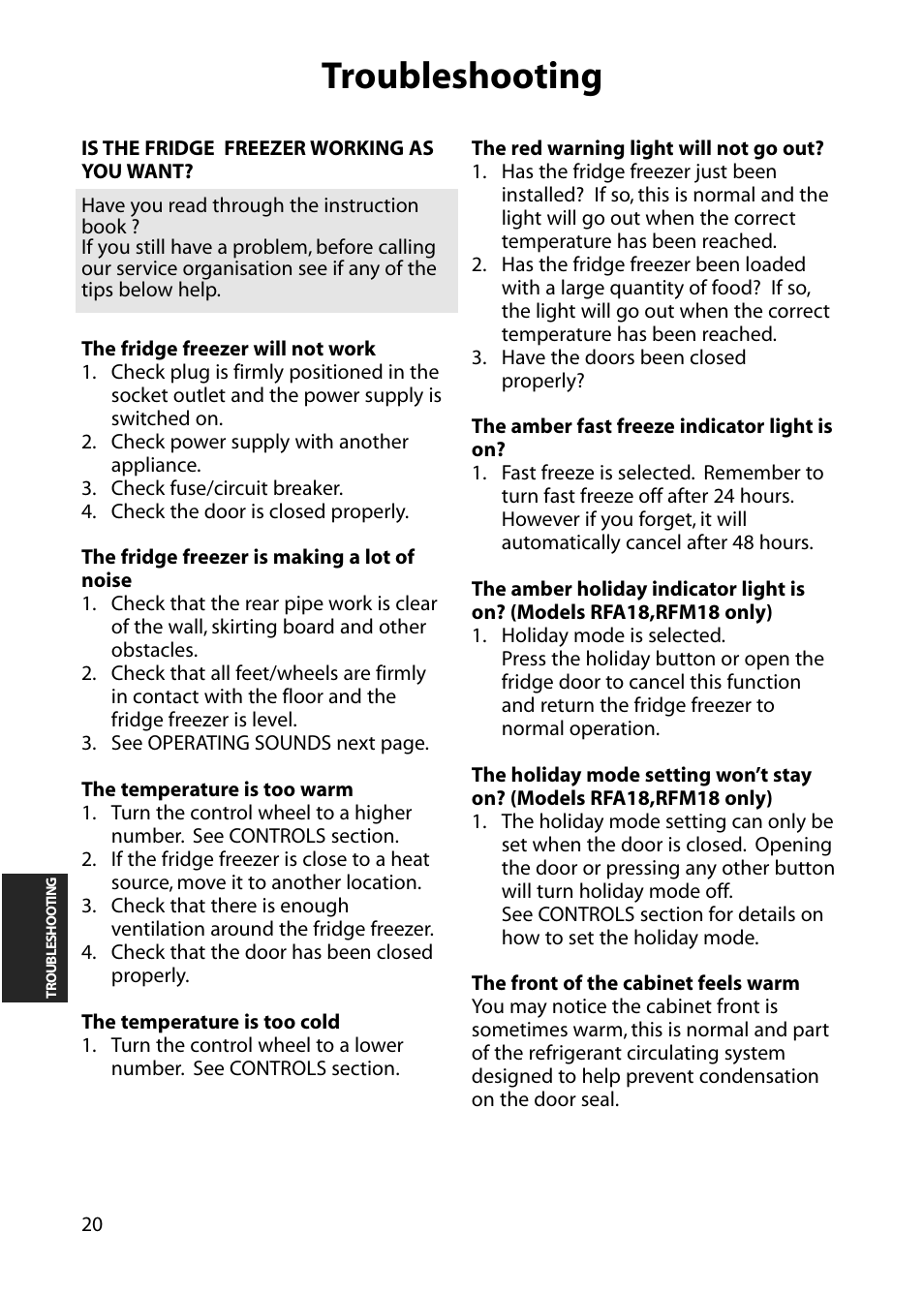 Troubleshooting | Hotpoint RFM18 User Manual | Page 20 / 24
