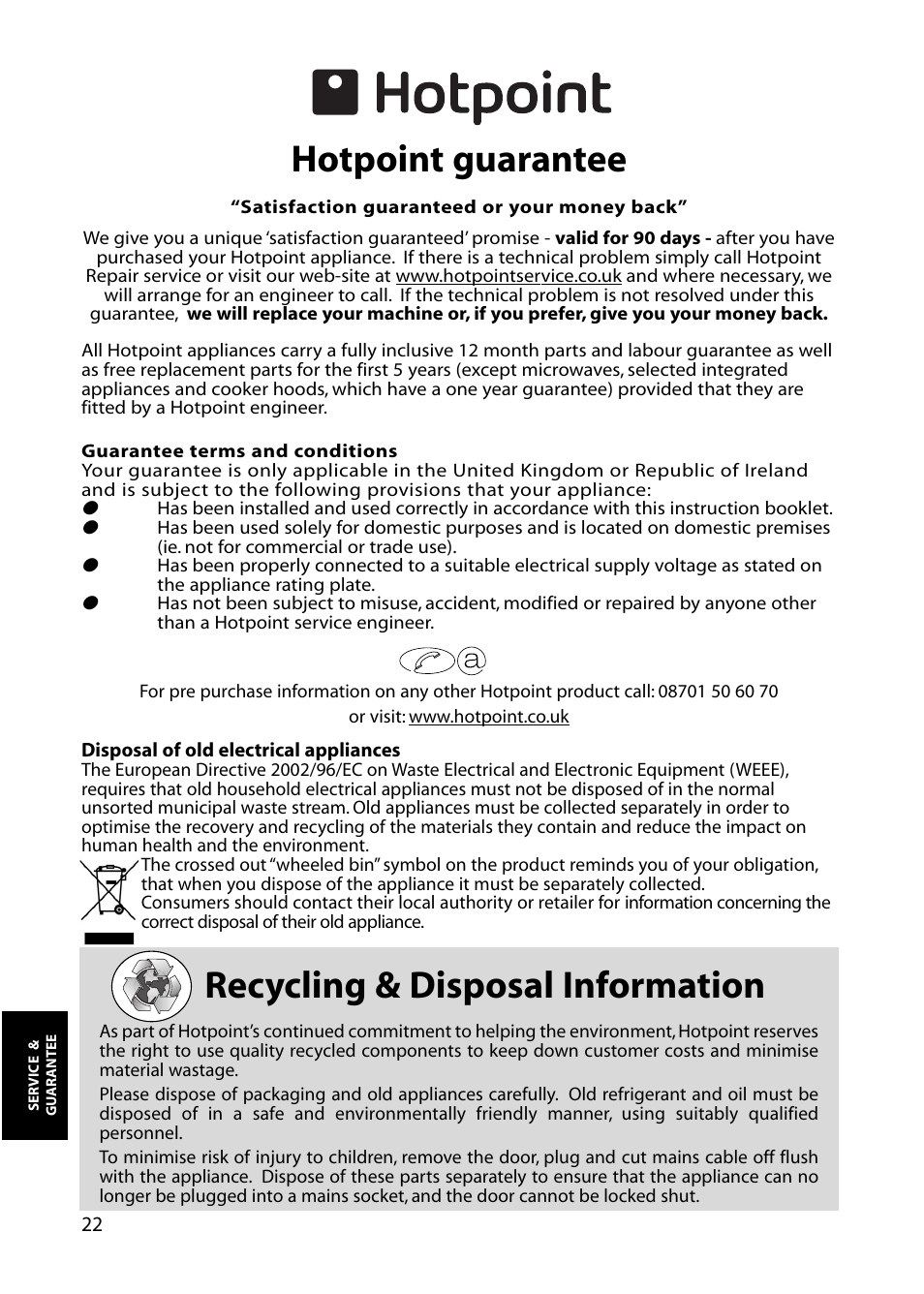 Recycling & disposal information, Hotpoint guarantee | Hotpoint RFM18 User Manual | Page 22 / 24