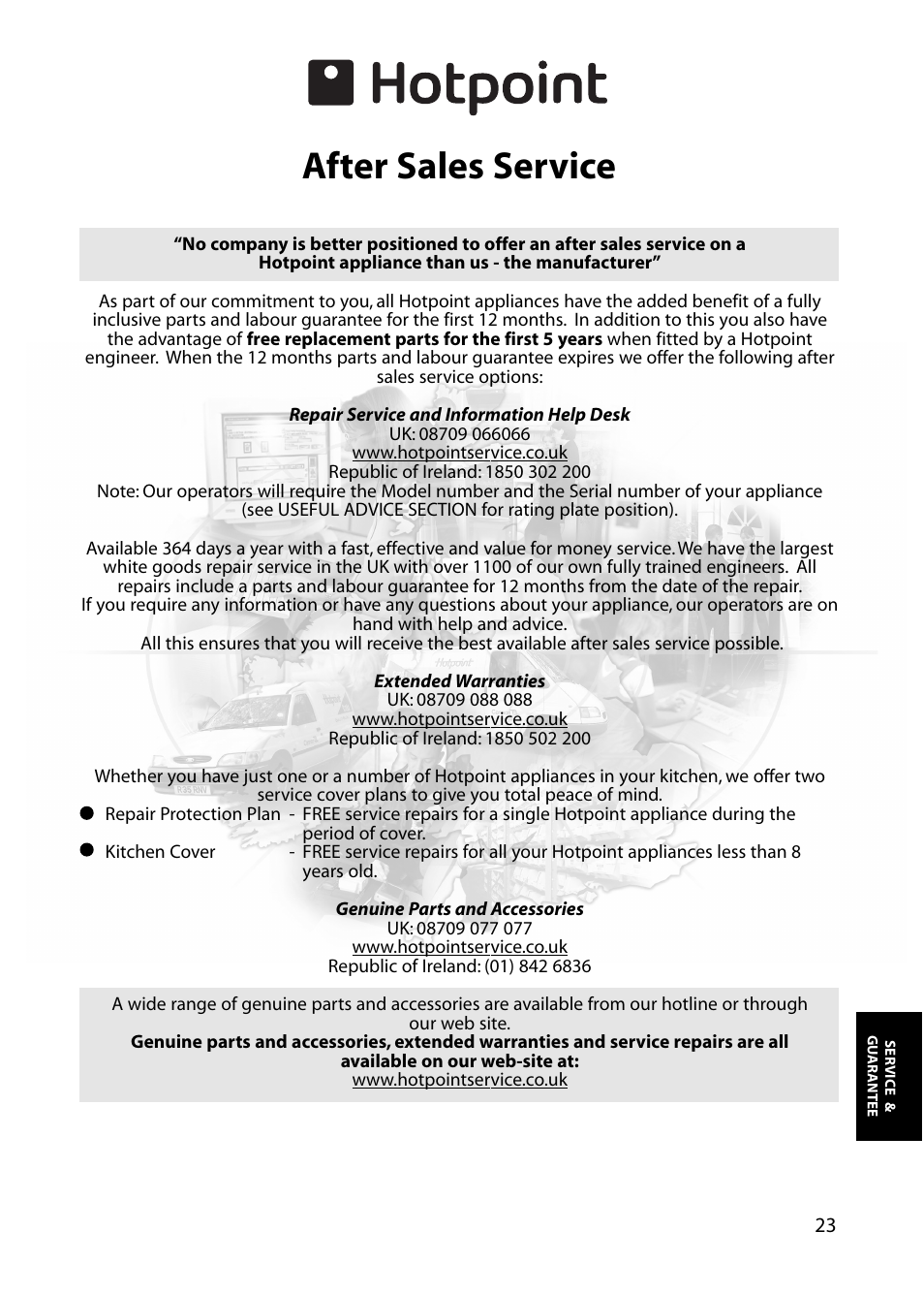 After sales service | Hotpoint RFM18 User Manual | Page 23 / 24