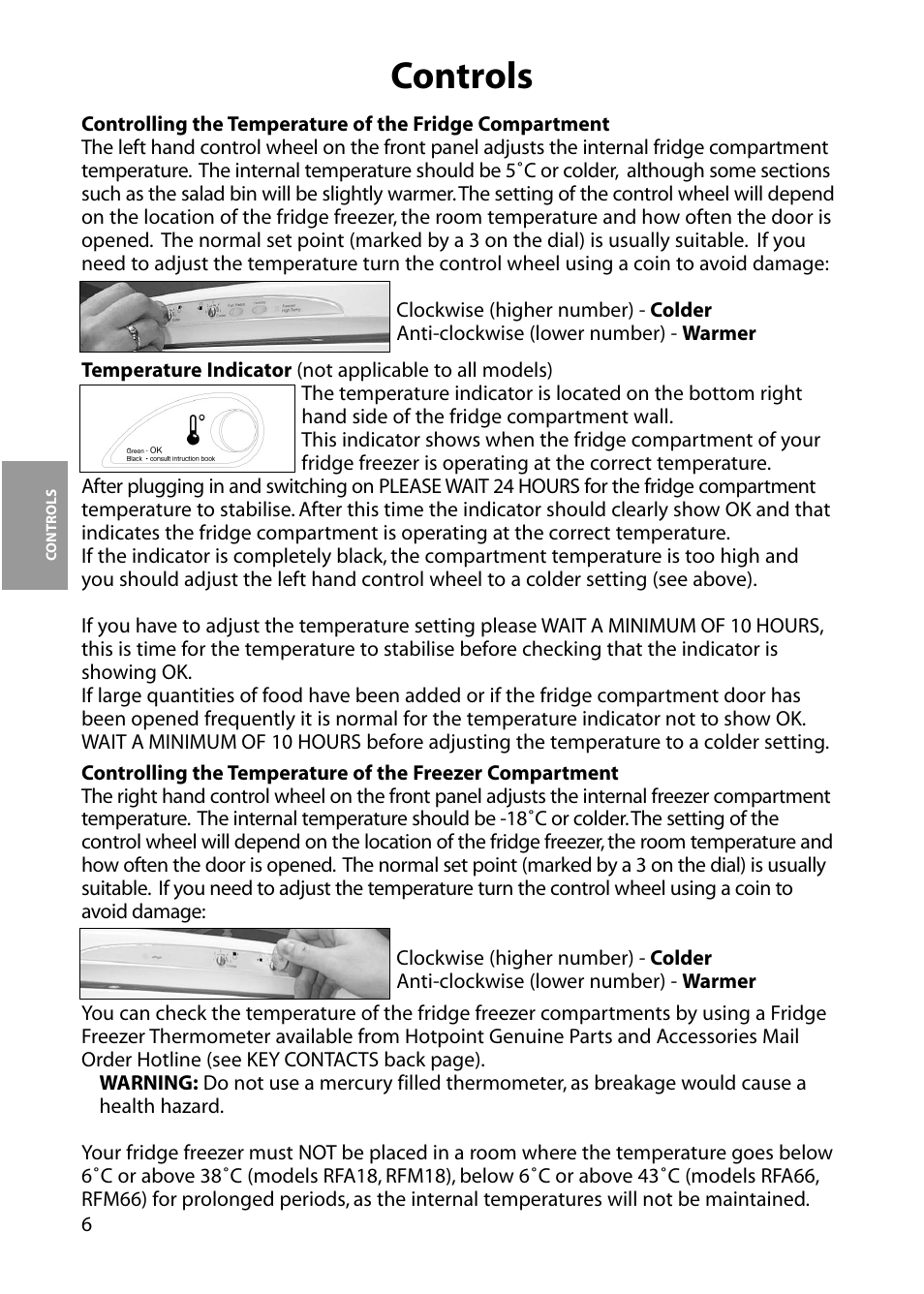 Controls | Hotpoint RFM18 User Manual | Page 6 / 24