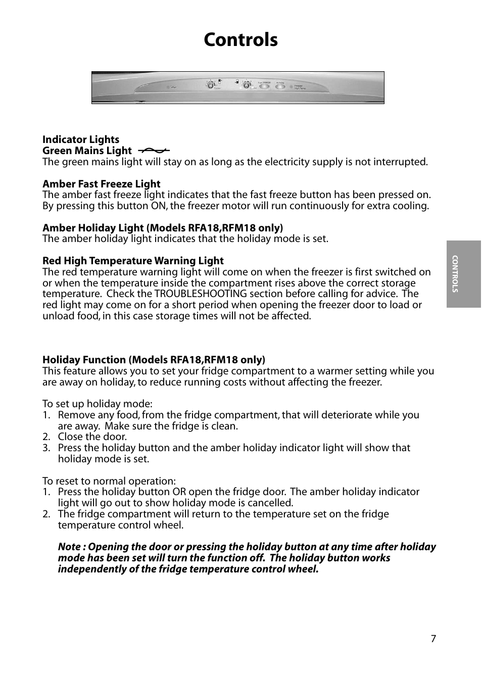 Controls | Hotpoint RFM18 User Manual | Page 7 / 24
