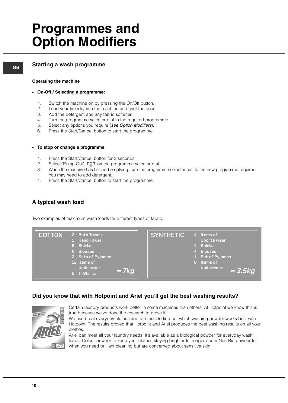 Programmes and option modifiers, Cotton, Synthetic | Hotpoint WT540 User Manual | Page 10 / 16