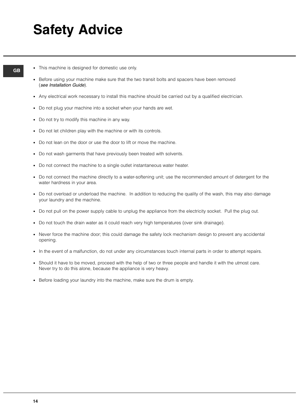 Safety advice | Hotpoint WT540 User Manual | Page 14 / 16