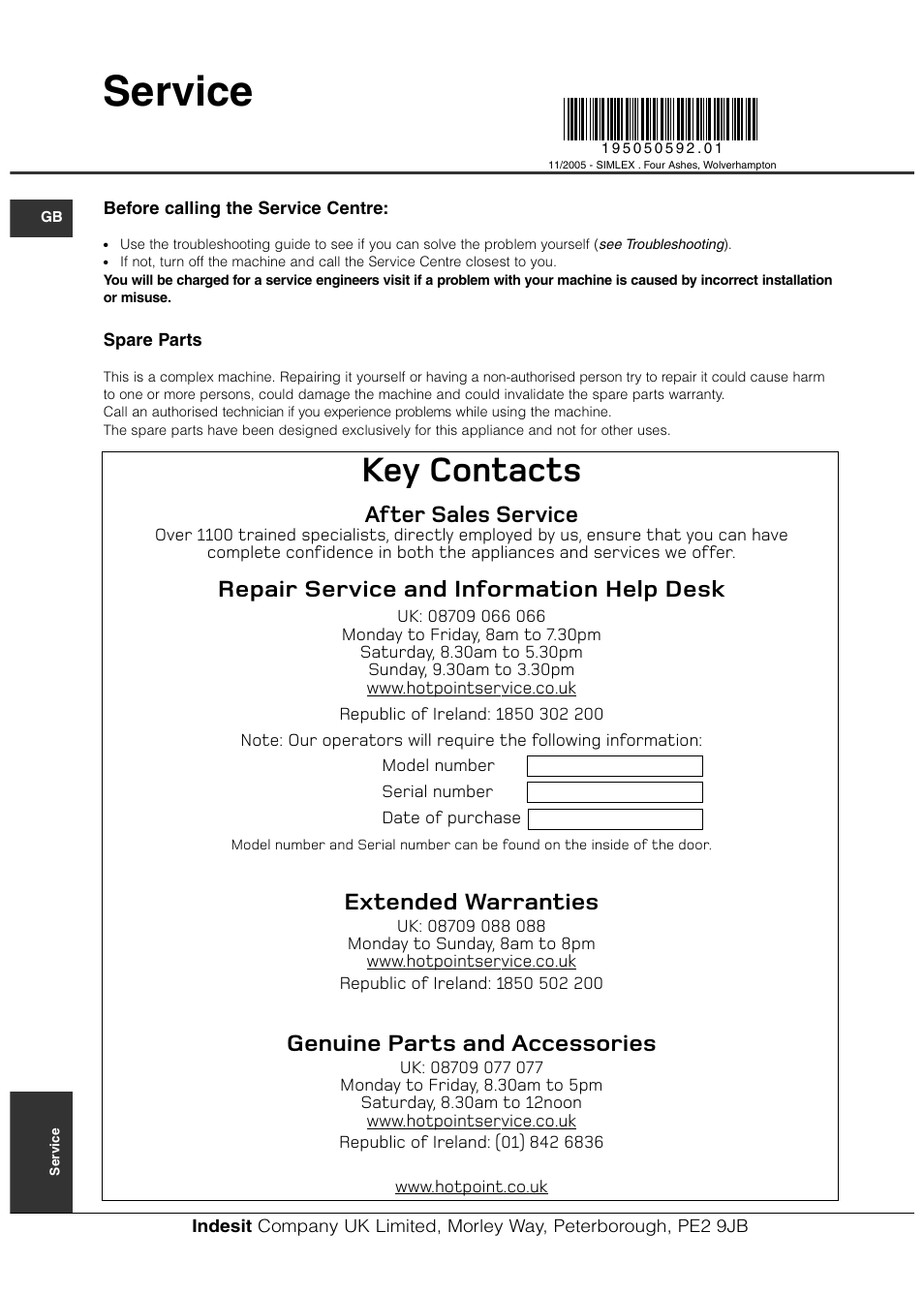 Service, Key contacts, After sales service | Repair service and information help desk, Extended warranties, Genuine parts and accessories | Hotpoint WT540 User Manual | Page 16 / 16