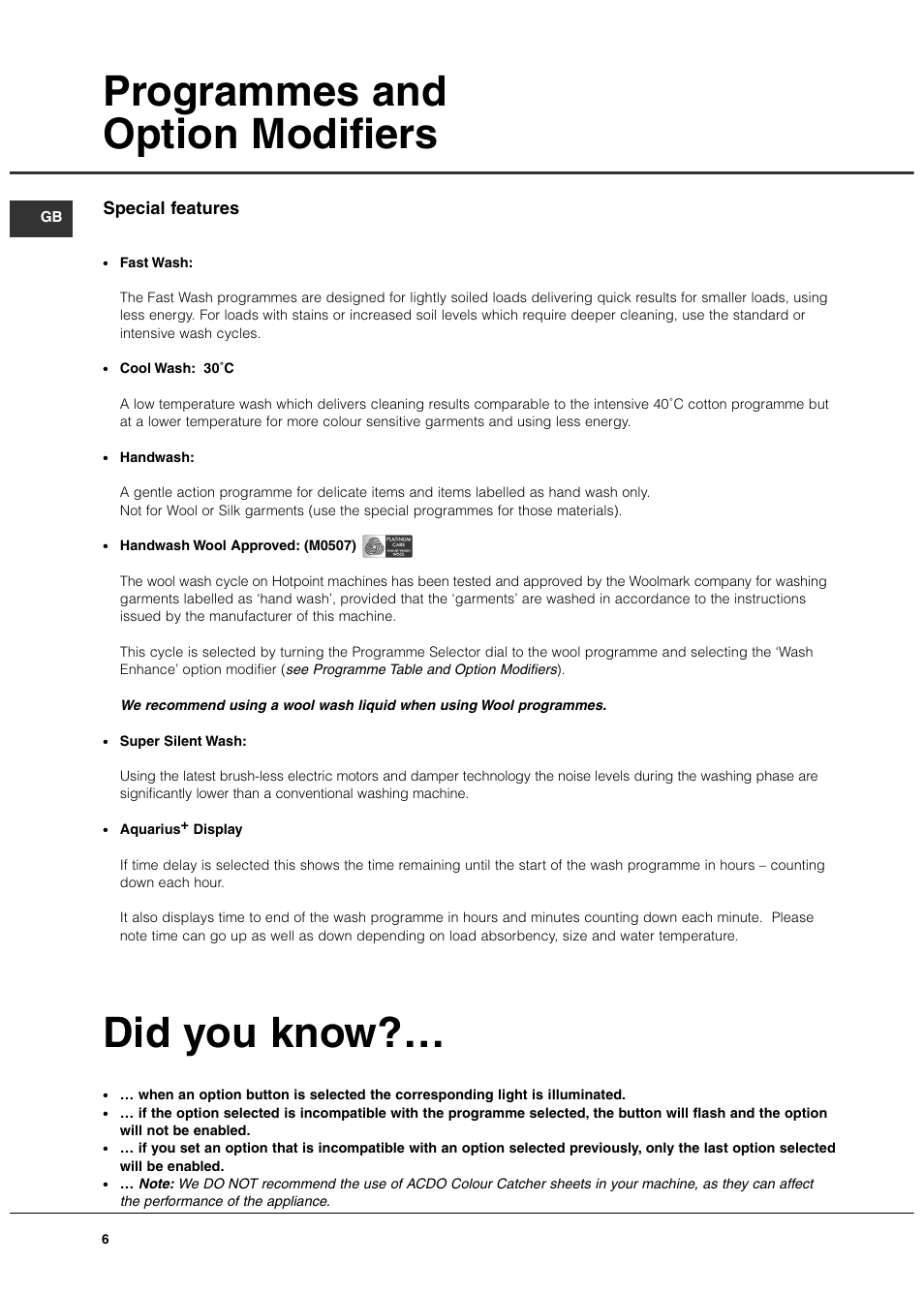 Programmes and option modifiers, Did you know, Special features | Hotpoint WT540 User Manual | Page 6 / 16