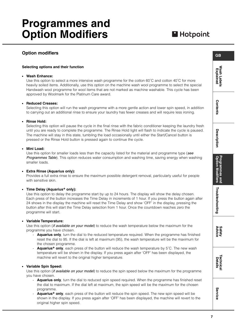 Programmes and option modifiers, Option modifiers | Hotpoint WT540 User Manual | Page 7 / 16