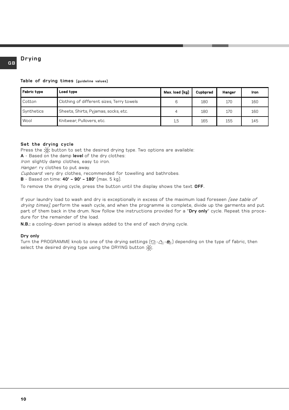 Drying | Hotpoint AQGMD149 User Manual | Page 10 / 16