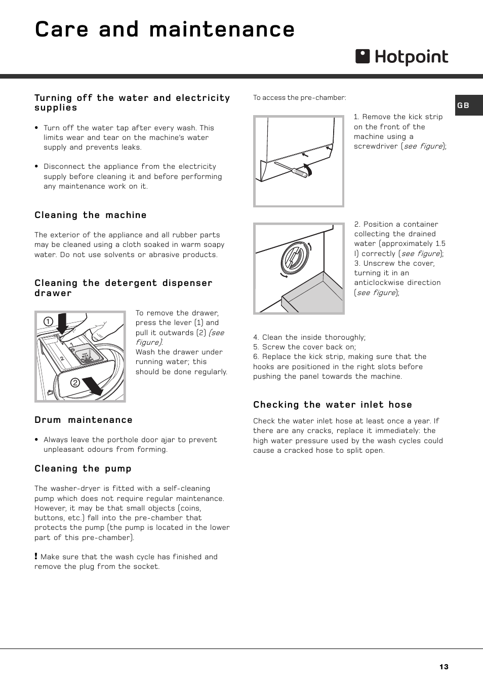 Care and maintenance | Hotpoint AQGMD149 User Manual | Page 13 / 16