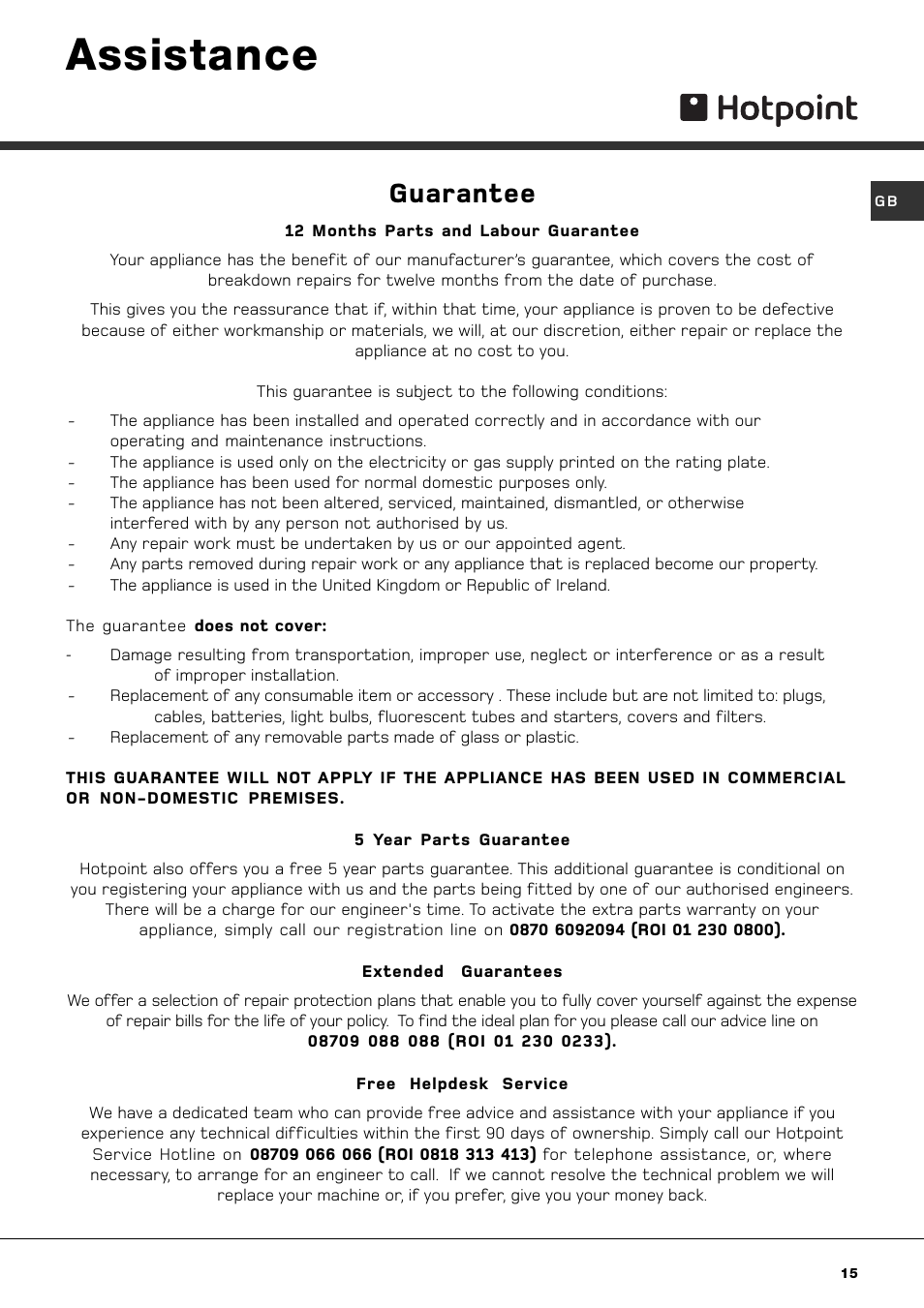 Assistance, Guarantee | Hotpoint AQGMD149 User Manual | Page 15 / 16